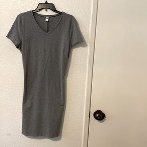 Charcoal grey t shirt dress. Form fitting.
